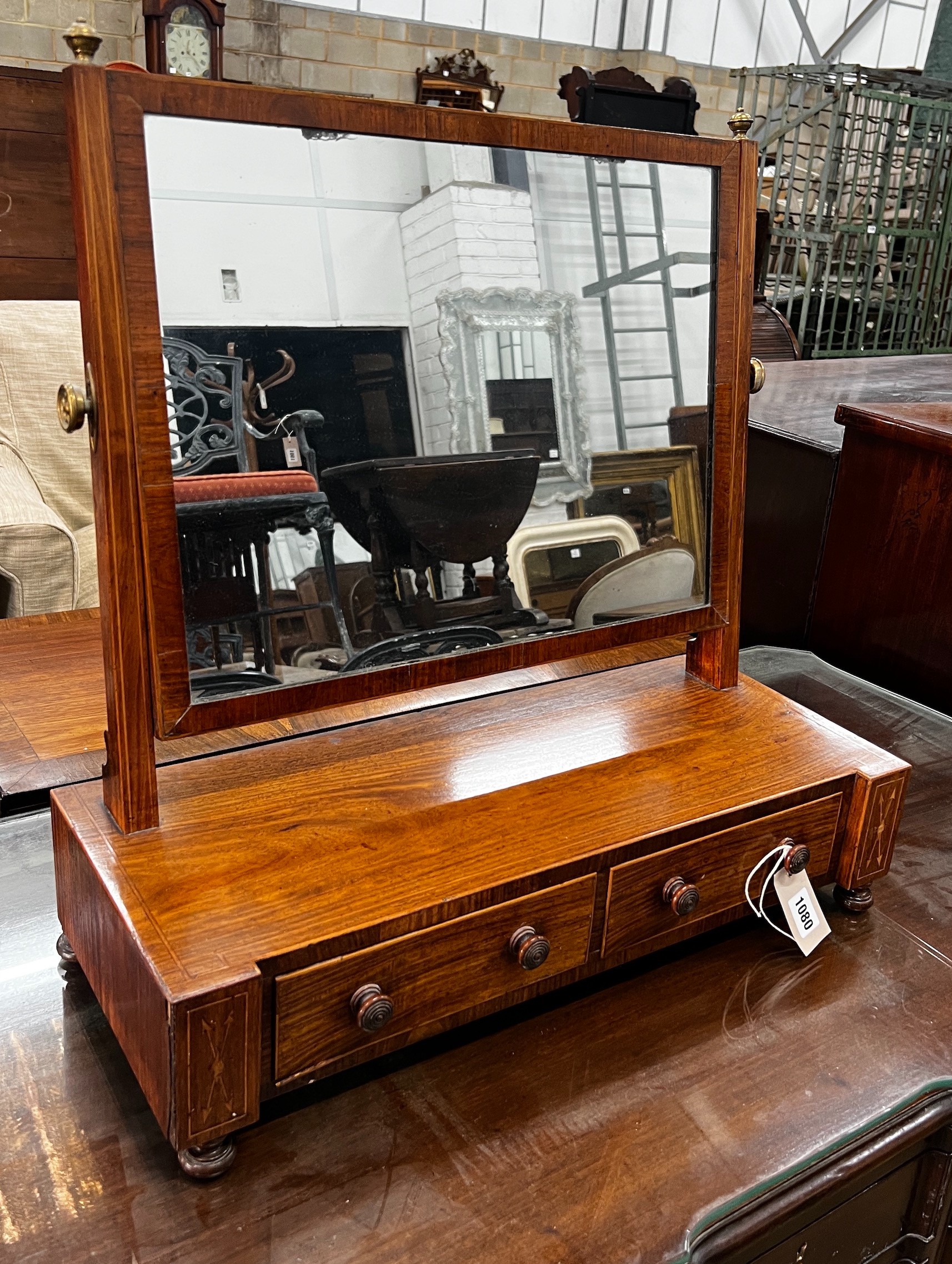 A George III inlaid mahogany toilet mirror, width 58cm, depth 24cm, height 58cm